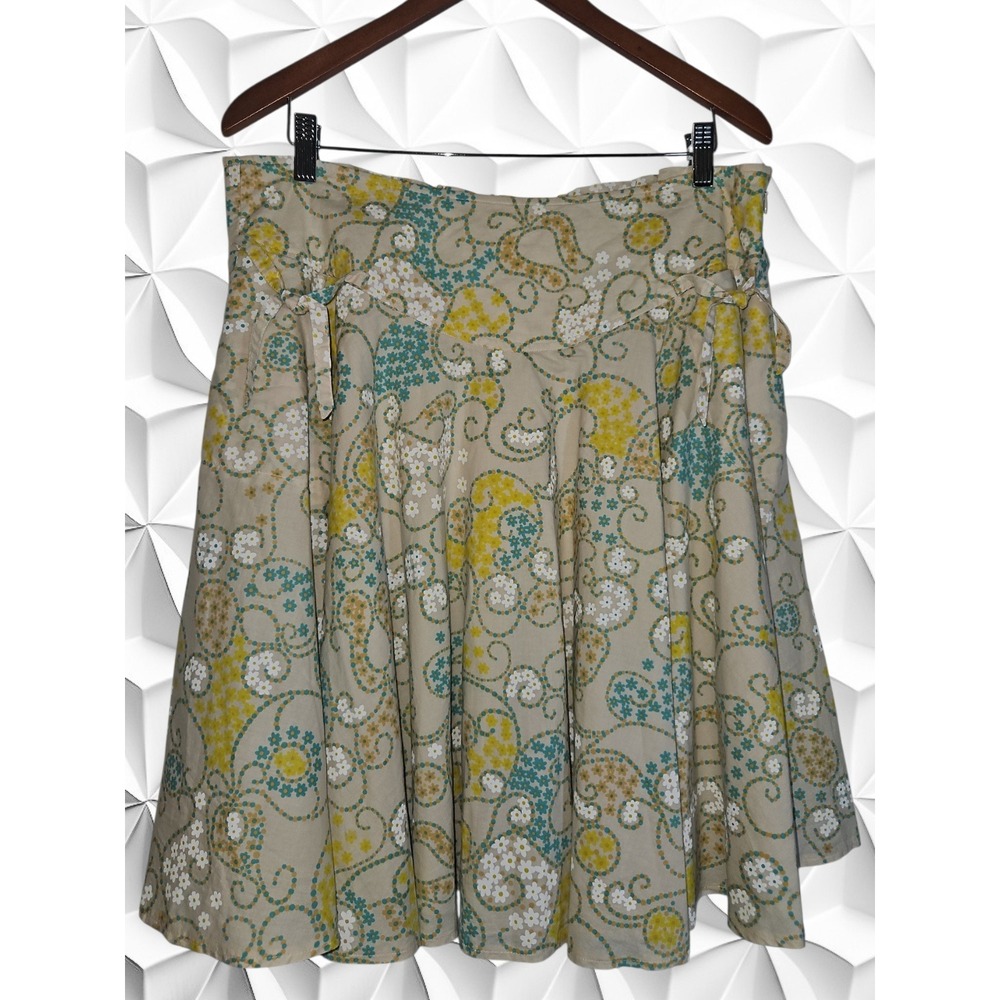 Odille Anthropologie Floral Paisley A-Line Skirt Tan Yellow Teal Size 12 Cotton